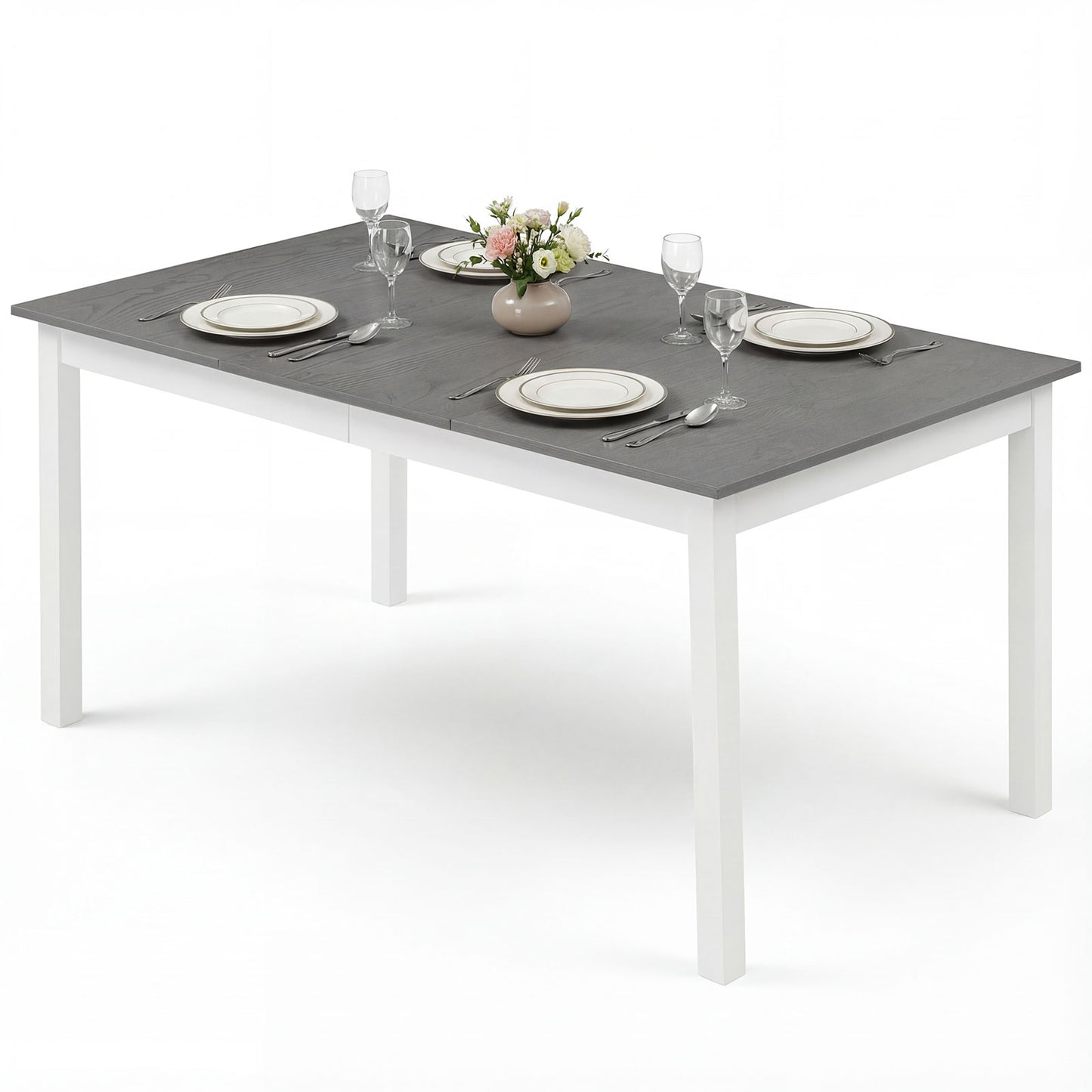 60 Inch Rectangular Dinner Table with Solid Rubber Wood Legs, Gray
