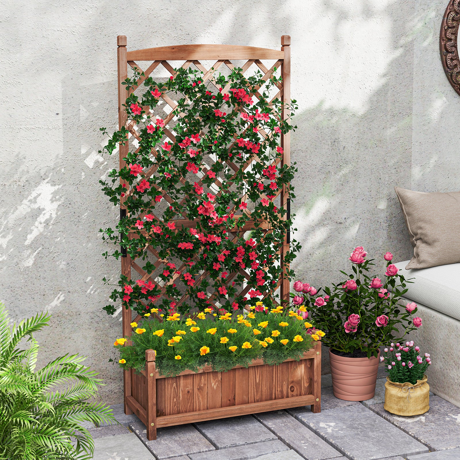 60 Inch Tall Raised Garden Bed with Diamond Lattice Trellis and Drainage Holes, Brown Raised Garden Beds at Gallery Canada