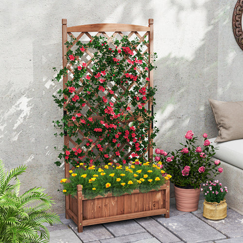 60 Inch Tall Raised Garden Bed with Diamond Lattice Trellis and Drainage Holes, Brown