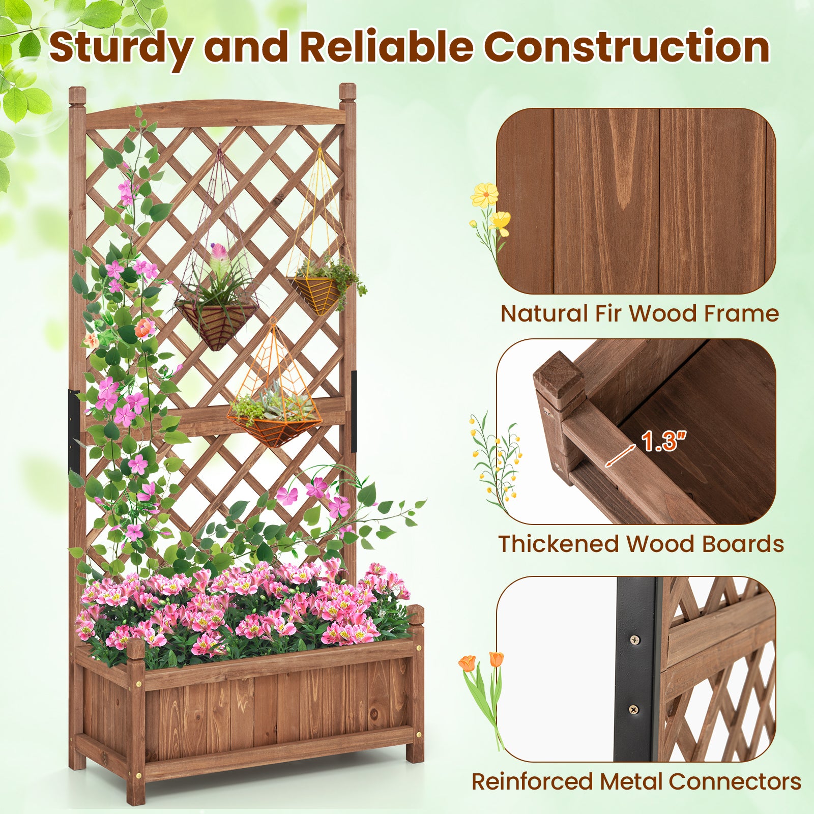 60 Inch Tall Raised Garden Bed with Diamond Lattice Trellis and Drainage Holes, Brown Raised Garden Beds at Gallery Canada