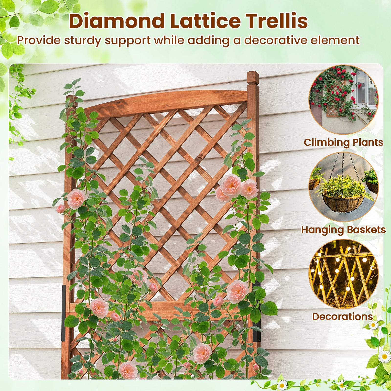 60 Inch Tall Raised Garden Bed with Diamond Lattice Trellis and Drainage Holes, Brown Raised Garden Beds at Gallery Canada