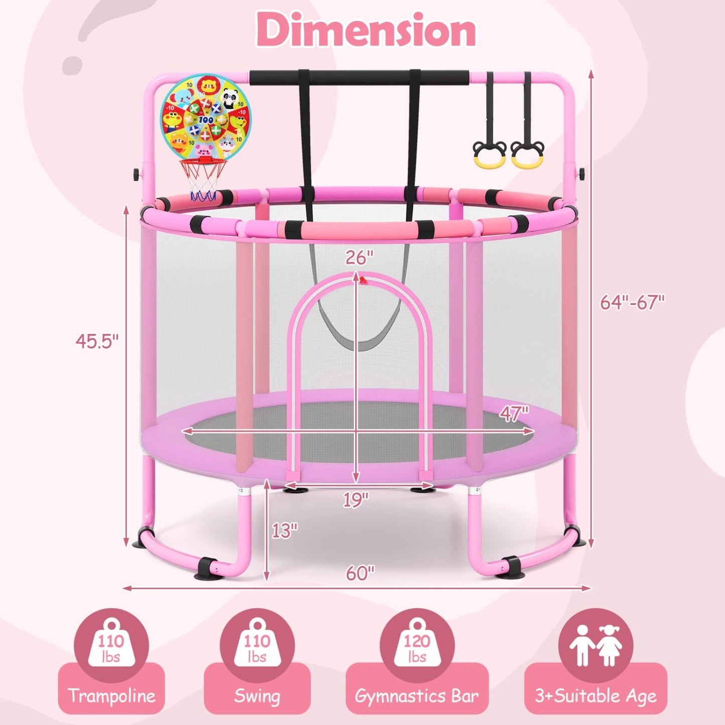 60 inch 6-in-1 Kids Toddler Trampoline with Gymnastics Bar, Purple