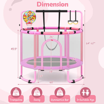 60 inch 6-in-1 Kids Toddler Trampoline with Gymnastics Bar, Purple