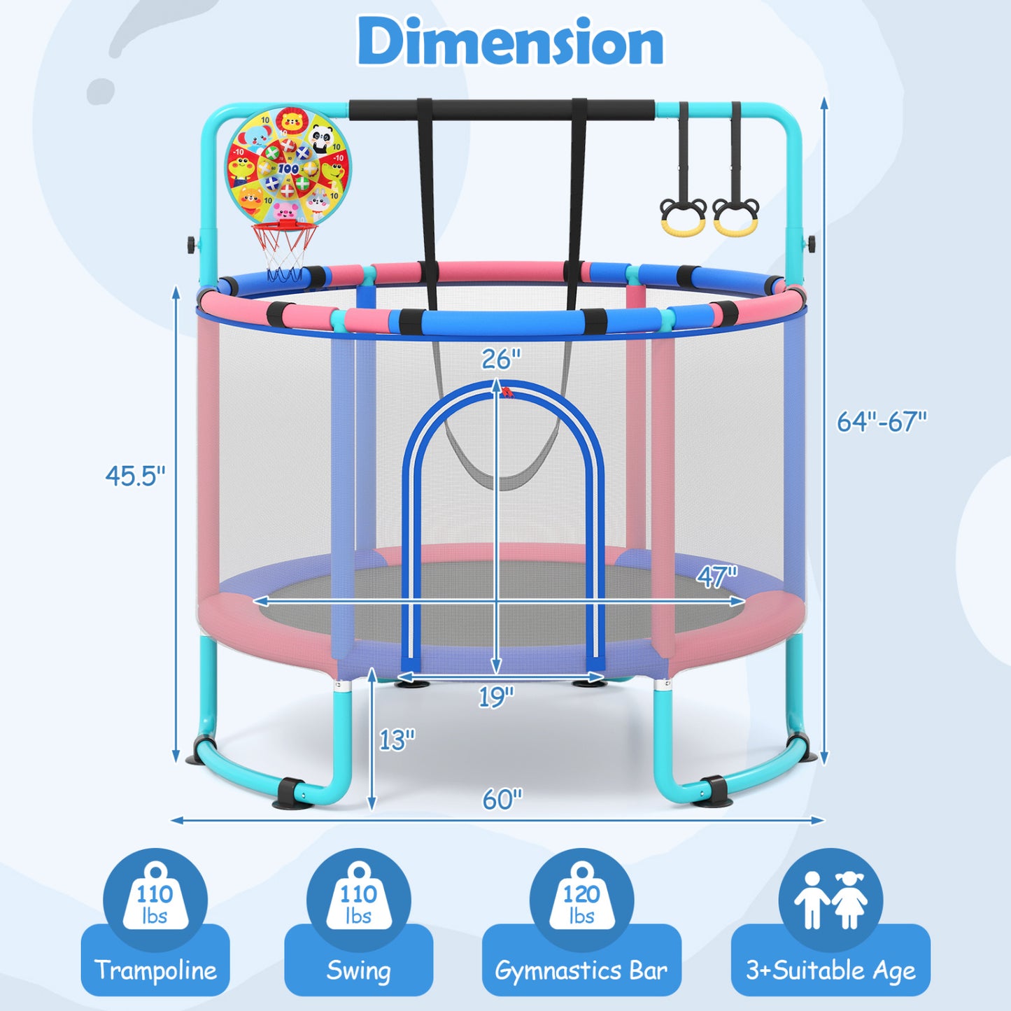 60 inch 6-in-1 Kids Toddler Trampoline with Gymnastics Bar, Navy Toys & Hobbies at Gallery Canada