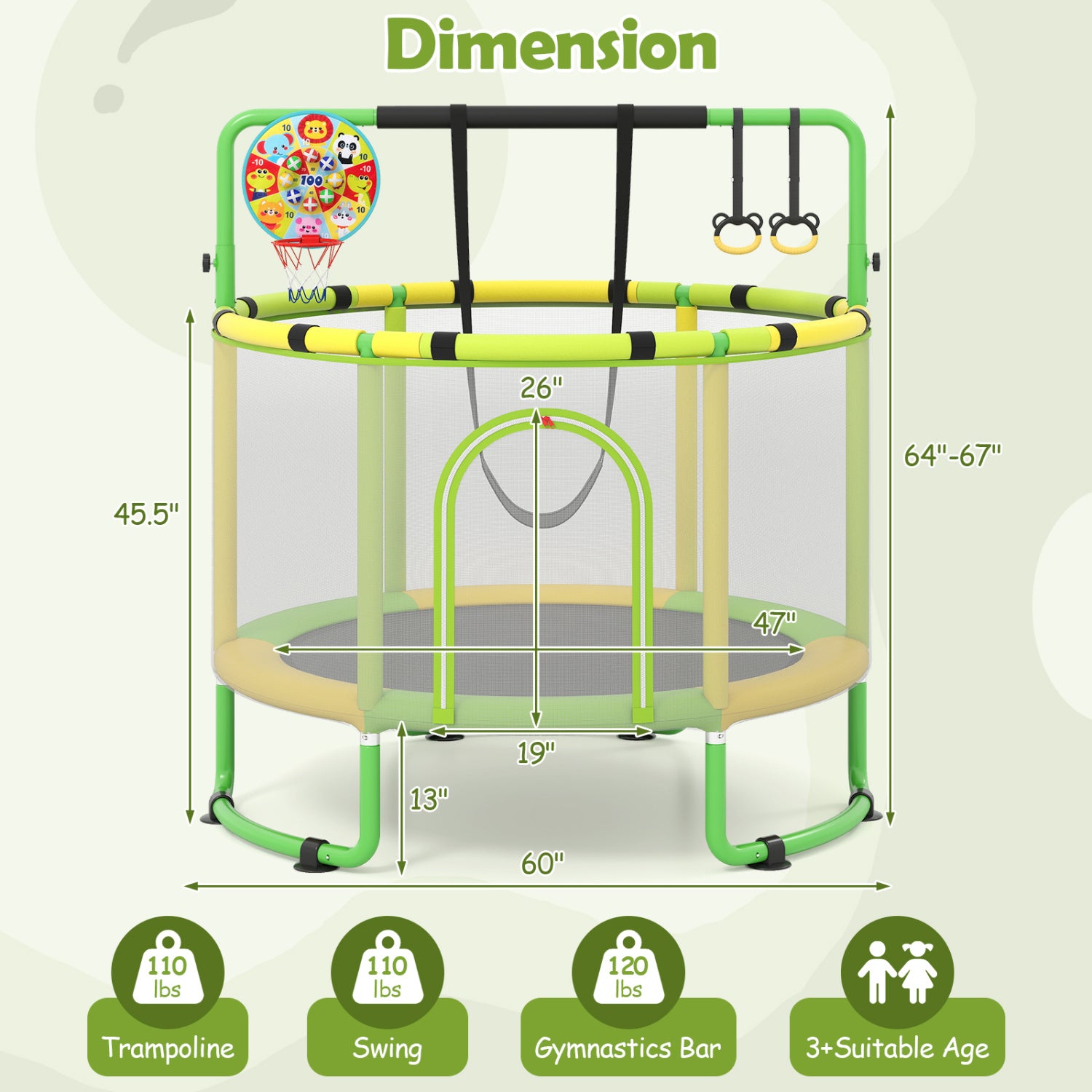 60 inch 6-in-1 Kids Toddler Trampoline with Gymnastics Bar, Green Toys & Hobbies at Gallery Canada