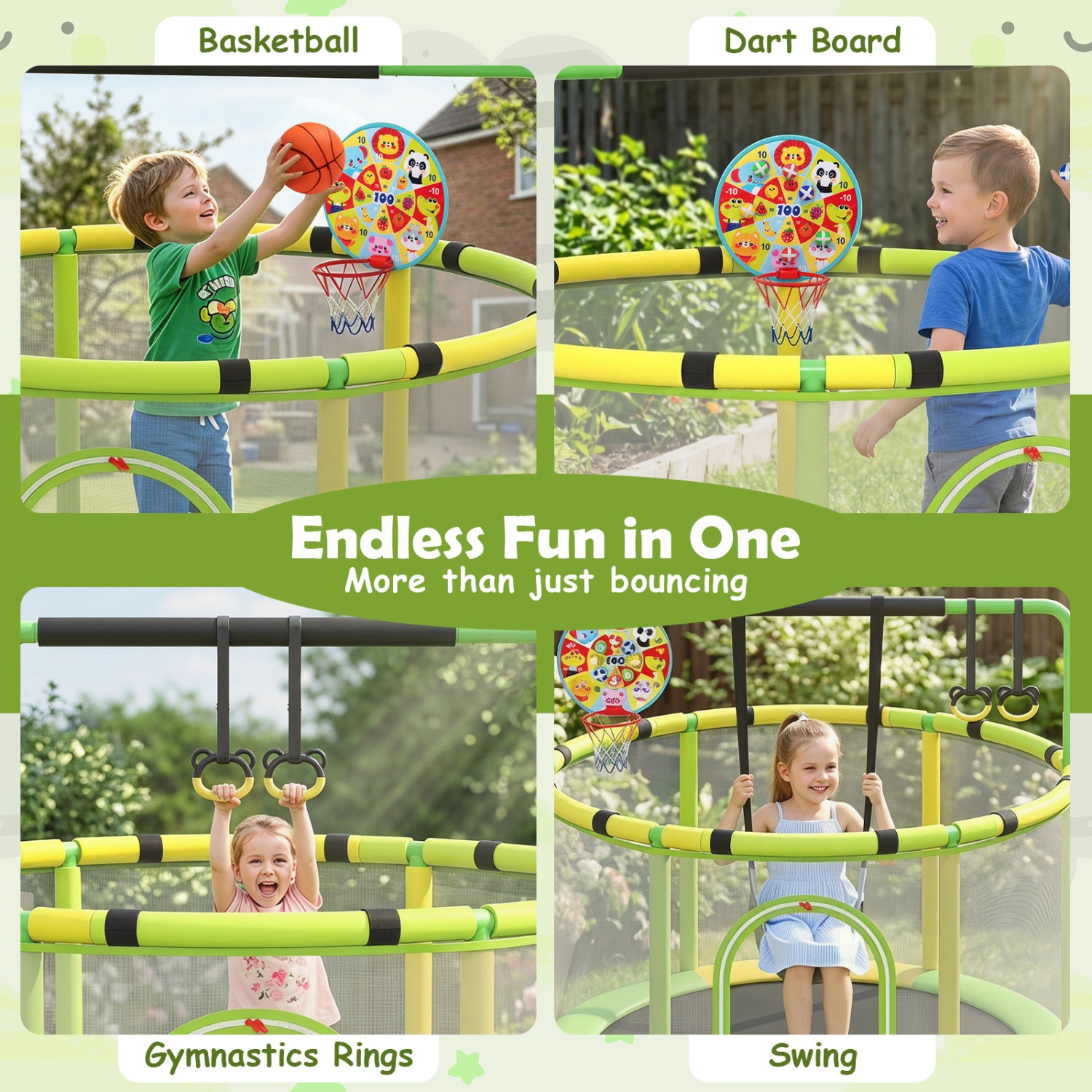 60 inch 6-in-1 Kids Toddler Trampoline with Gymnastics Bar, Green Toys & Hobbies at Gallery Canada