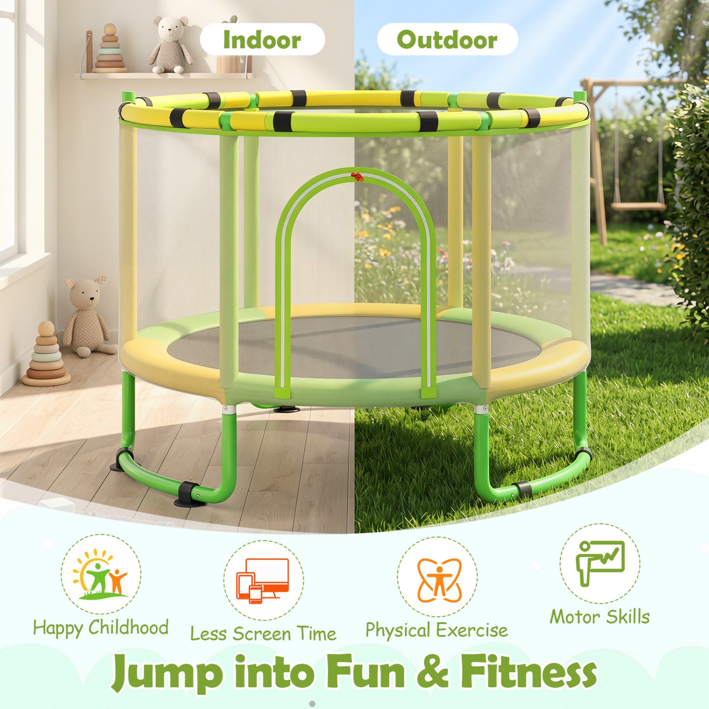 60 inch 6-in-1 Kids Toddler Trampoline with Gymnastics Bar, Green Toys & Hobbies at Gallery Canada