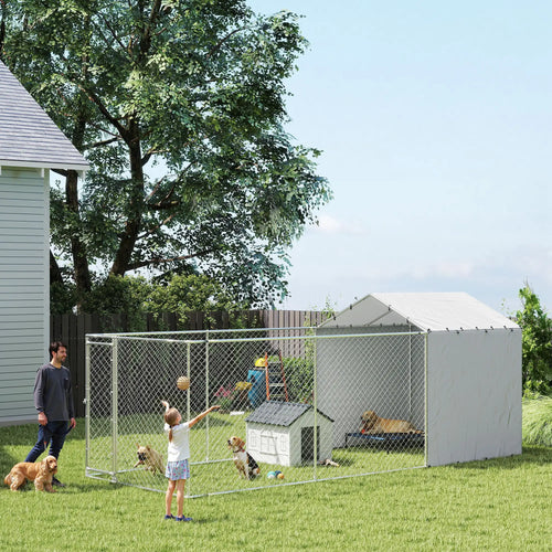 Galvanized Steel Dog Kennel, Waterproof UV-Resistant Cover, 19.7' x 7.5' x 7.5'