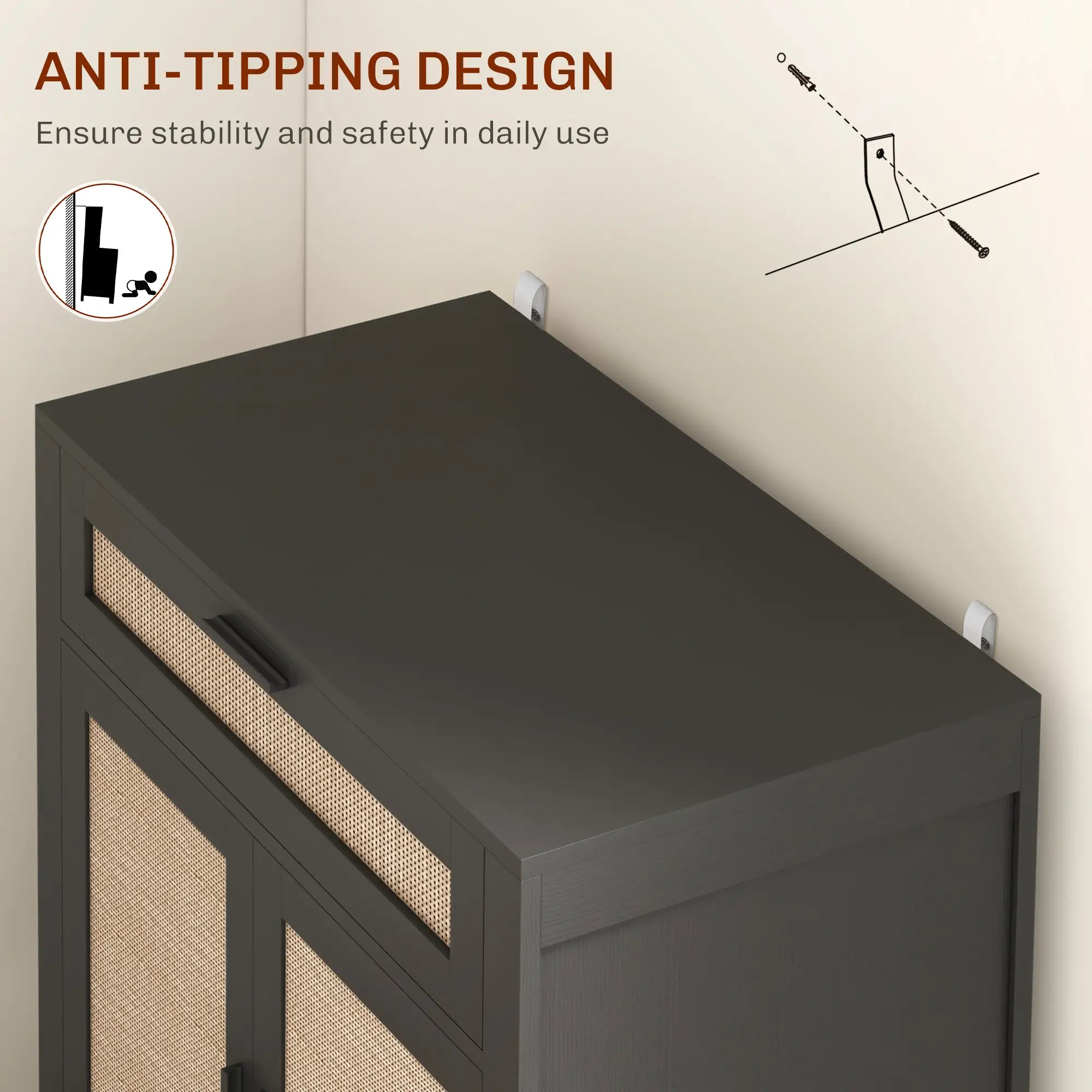 Boho Kitchen Sideboard, 2 Rattan Doors, Drawer, Black Storage Cabinets at Gallery Canada