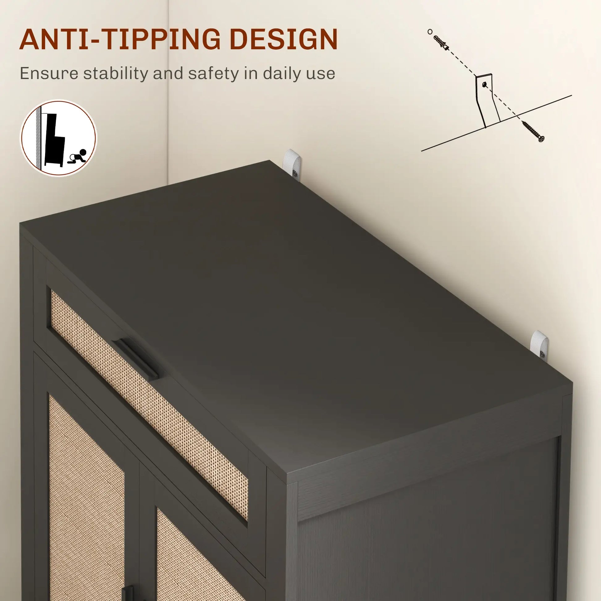 Boho Kitchen Sideboard, 2 Rattan Doors, Drawer, Black Storage Cabinets at Gallery Canada