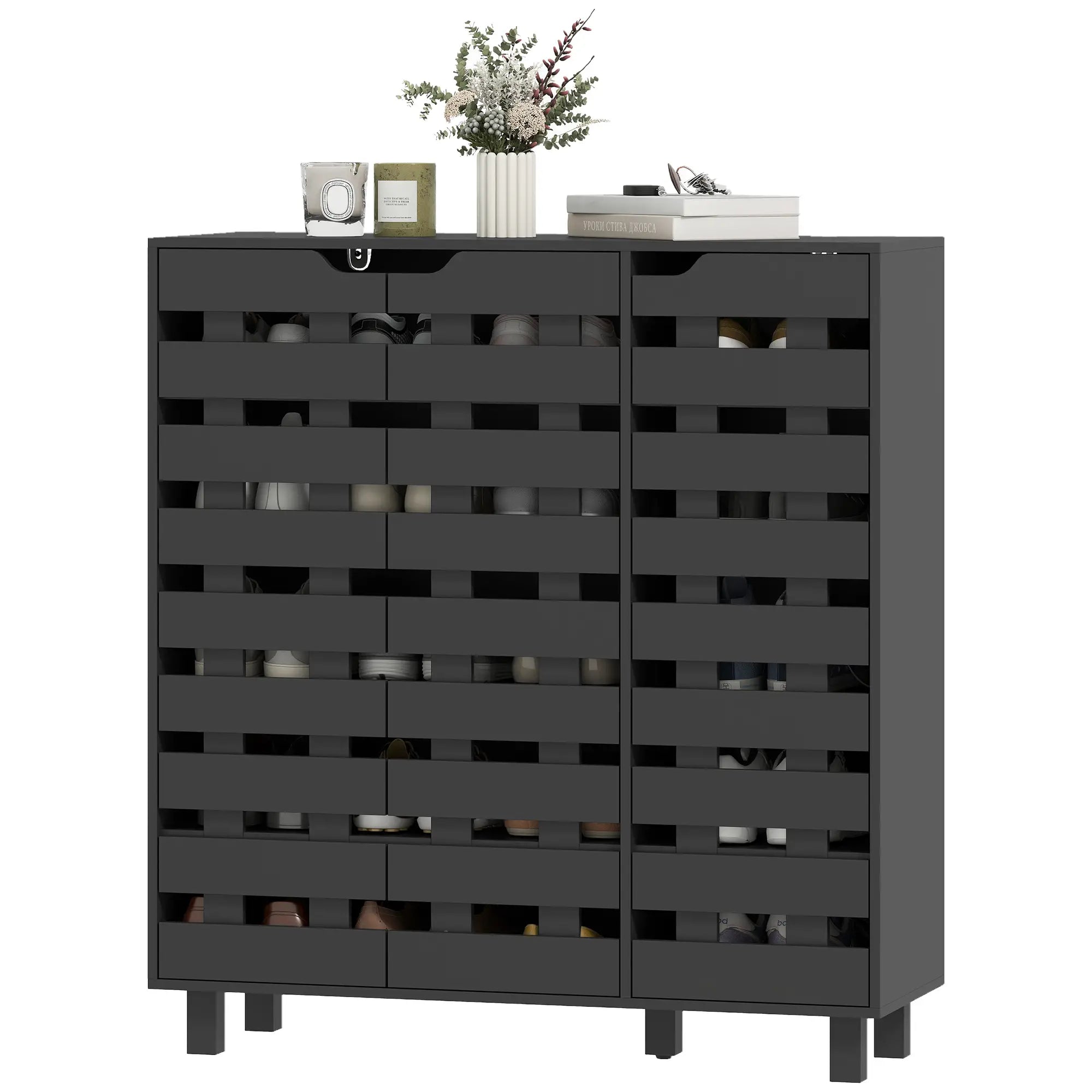 Shoe Cabinet, 20 Pair Storage with Hollowed-Out Doors, Black Shoe Storage Cabinets & Racks Black at Gallery Canada