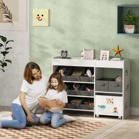Kids Toy Storage Organizer with 11 Bins, Moveable Cabinet, Top Shelves, 3 Stickers, for Nursery, Playroom, White Bookshelves & Bookcases White, Gray at Gallery Canada