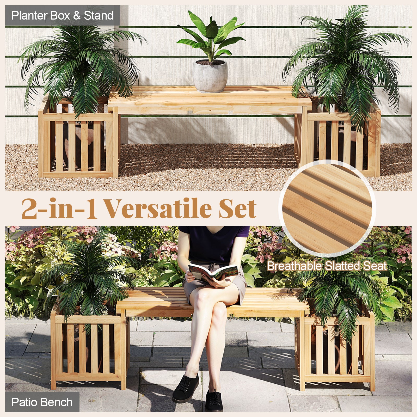 Patio Wooden Bench with Planter 2 Person Patio Bench, Natural Outdoor Benches at Gallery Canada