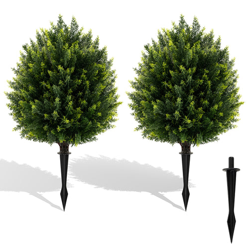 24 Inch Artificial Cypress Topiary Ball Tree Set, With Ground Spike, Green