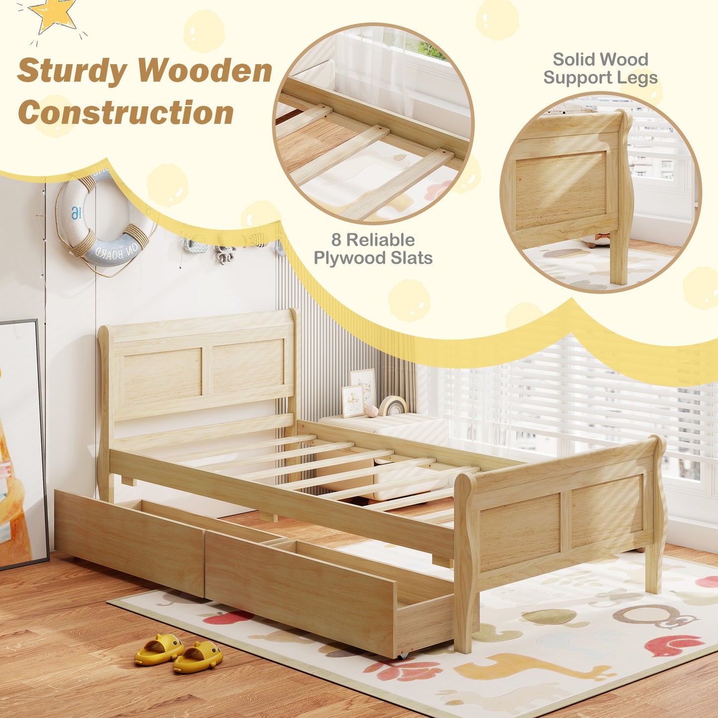 Twin Size Sleigh Bed with 2 Storage Drawers Wood Platform Bed Frame, Natural Simple Bed Frame at Gallery Canada