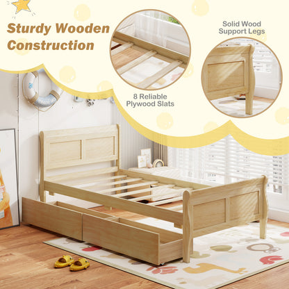 Twin Size Sleigh Bed with 2 Storage Drawers Wood Platform Bed Frame, Natural Simple Bed Frame at Gallery Canada
