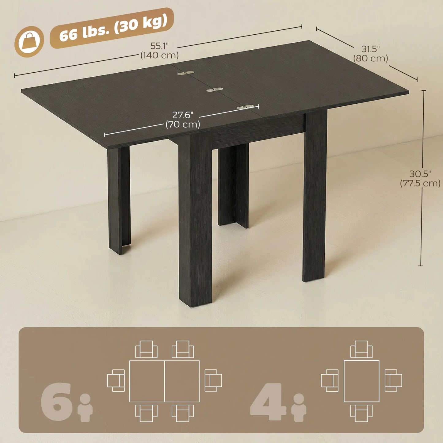 55" Extendable Dining Table, Kitchen Table For 4-6 Person, Black Dining Tables at Gallery Canada