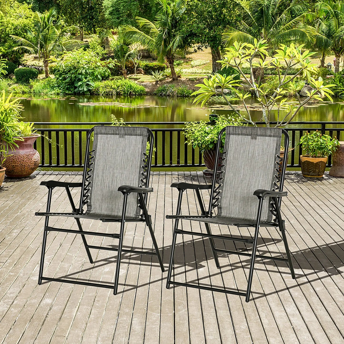 2-Piece Outdoor Folding Chair Set, Portable Camping Chairs with Armrests, Grey Patio Chairs at Gallery Canada