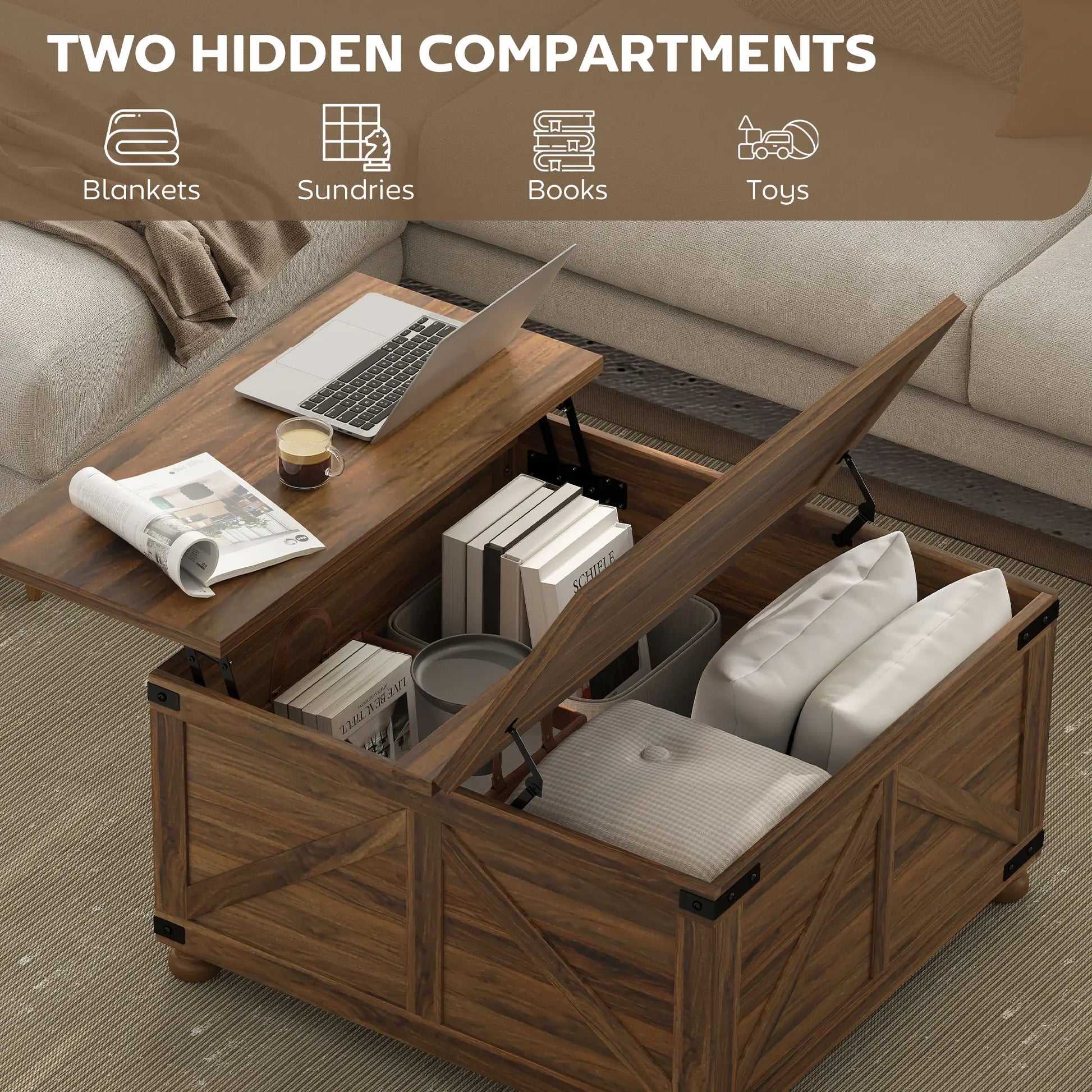 Lift Top Coffee Table, 32" Farmhouse Style, Hidden Compartment, Brown Wood Grain, Brown Coffee Tables at Gallery Canada