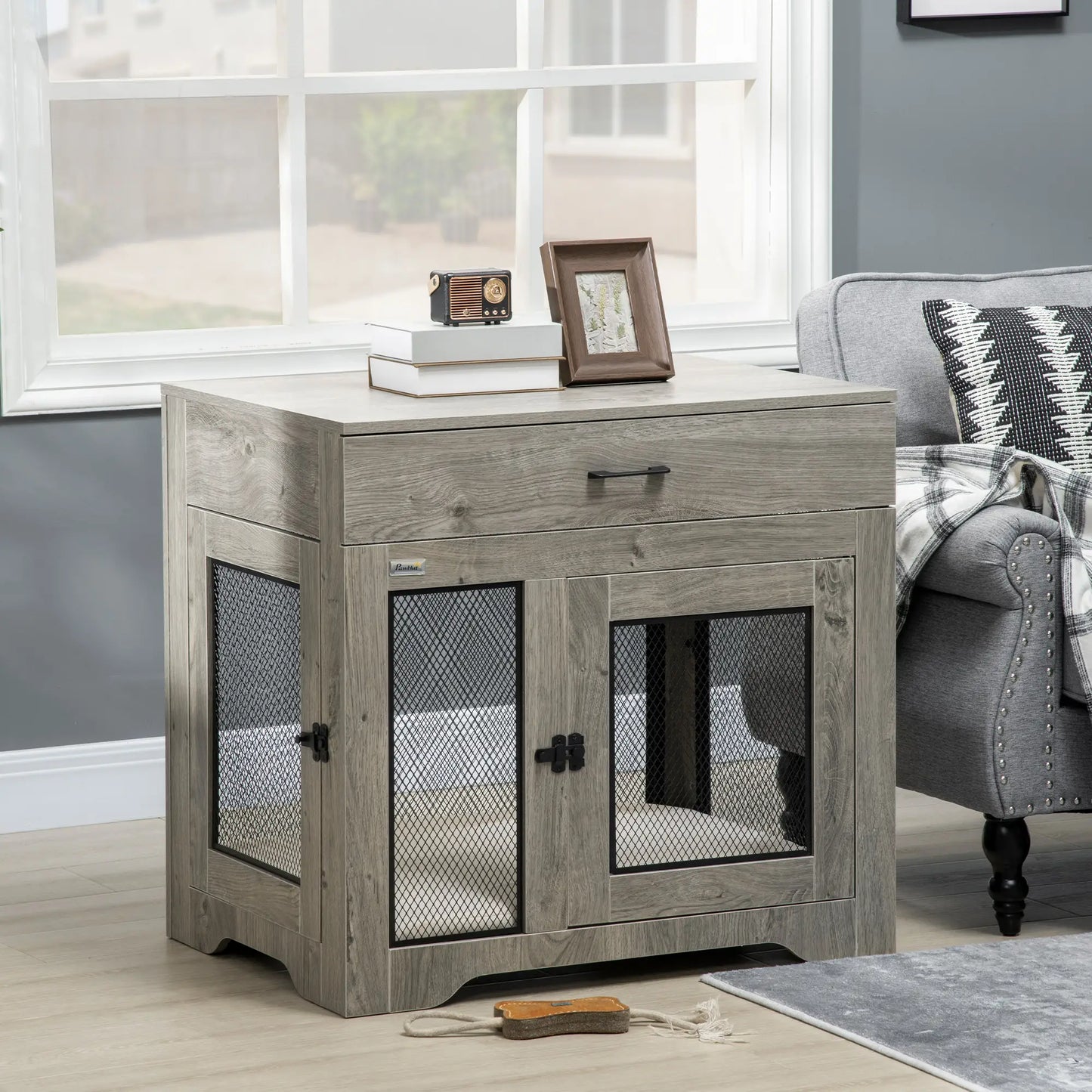 Dog Crate Furniture with Cushion, 2 Doors, Storage, Grey Houses, Kennels & Pens at Gallery Canada