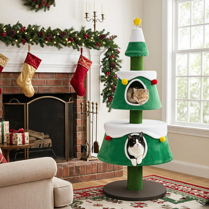 61.5" Cat Christmas Tree for Indoor Kittens, 2 Large Condos, Star Toy, Green Cat Trees Condos & Scratchers at Gallery Canada