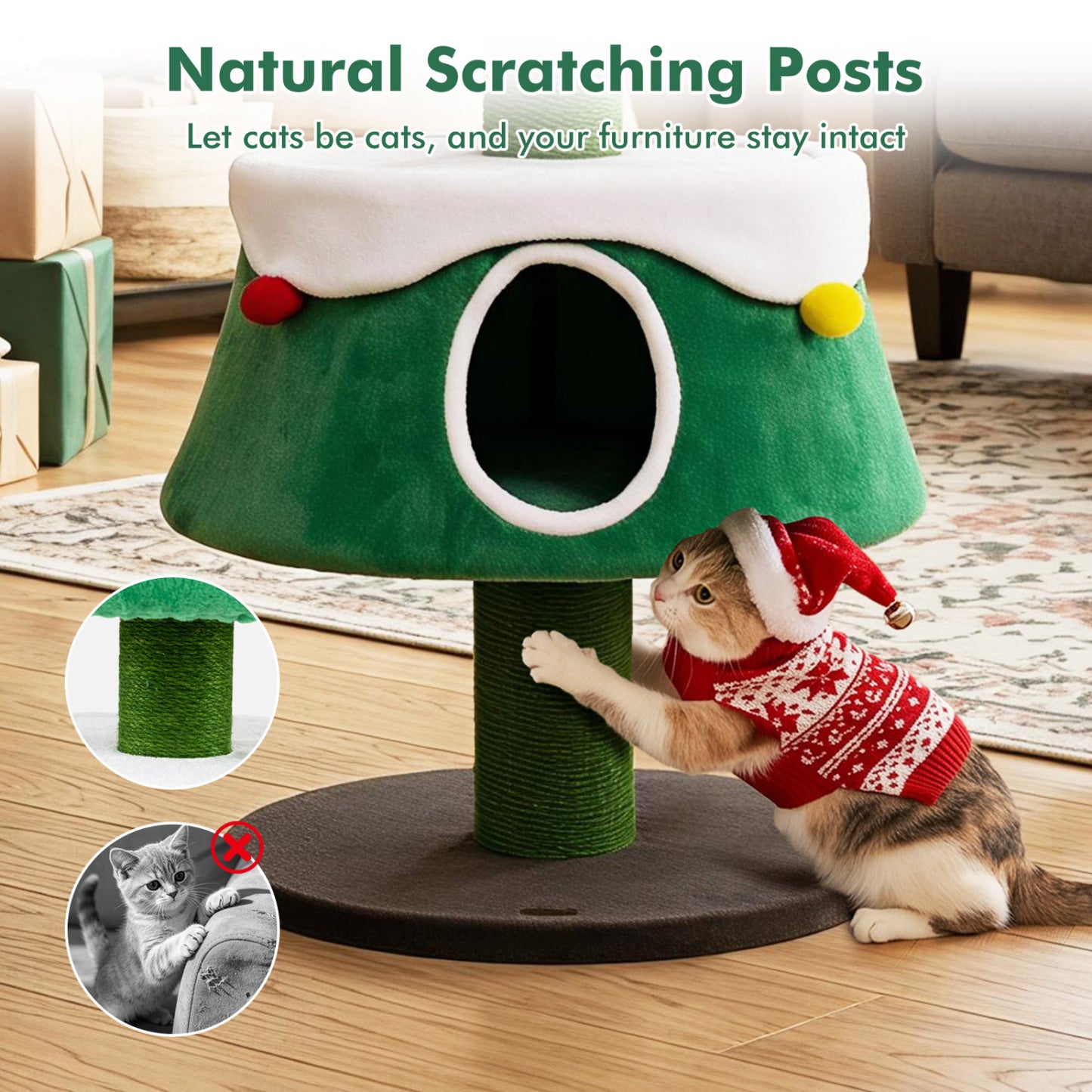 61.5" Cat Christmas Tree for Indoor Kittens, 2 Large Condos, Star Toy, Green Cat Trees Condos & Scratchers at Gallery Canada