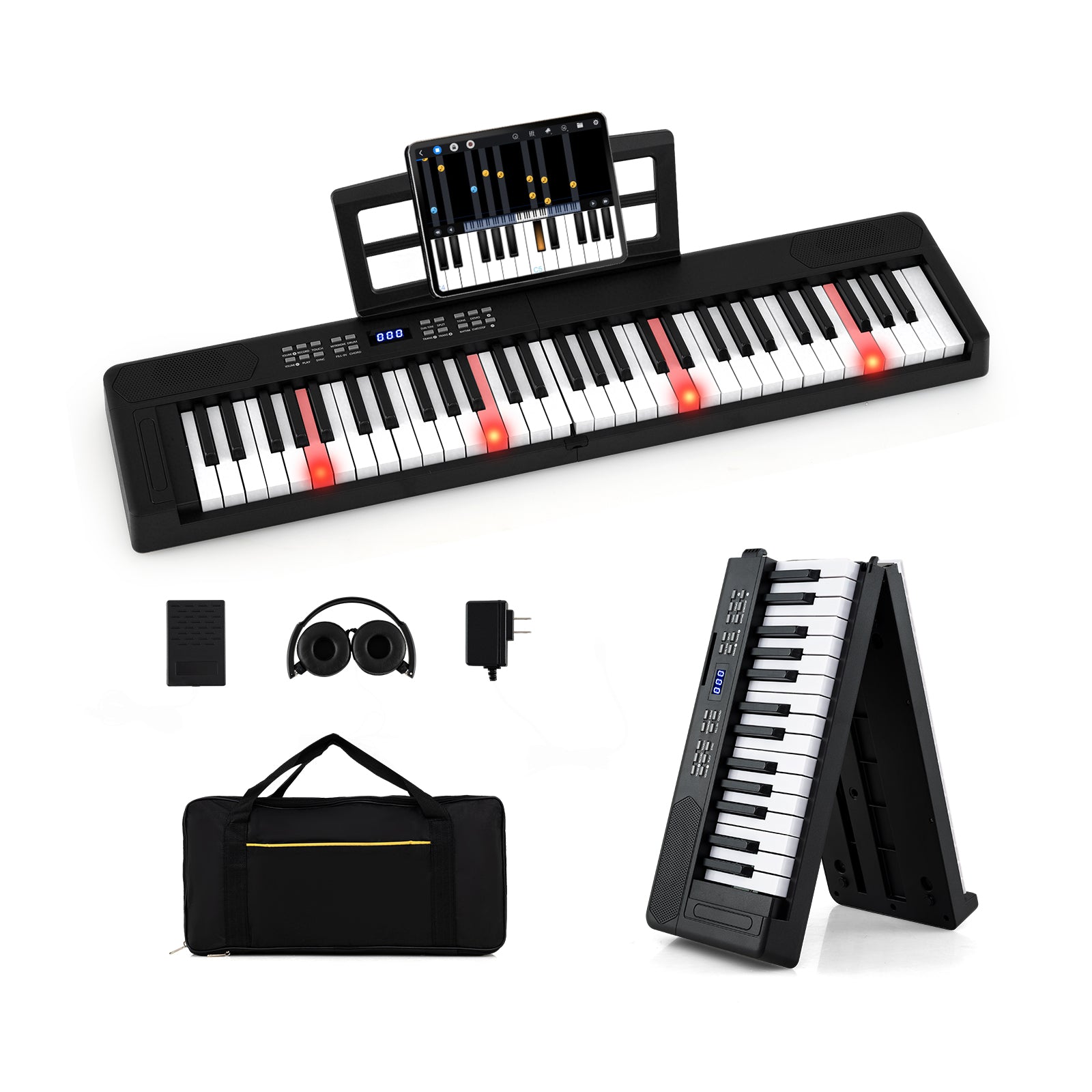 61-Key Foldable Piano Keyboard Full-size Electronic Keyboard with MIDI and Split Function, Black Pianos & Keyboards Black at Gallery Canada