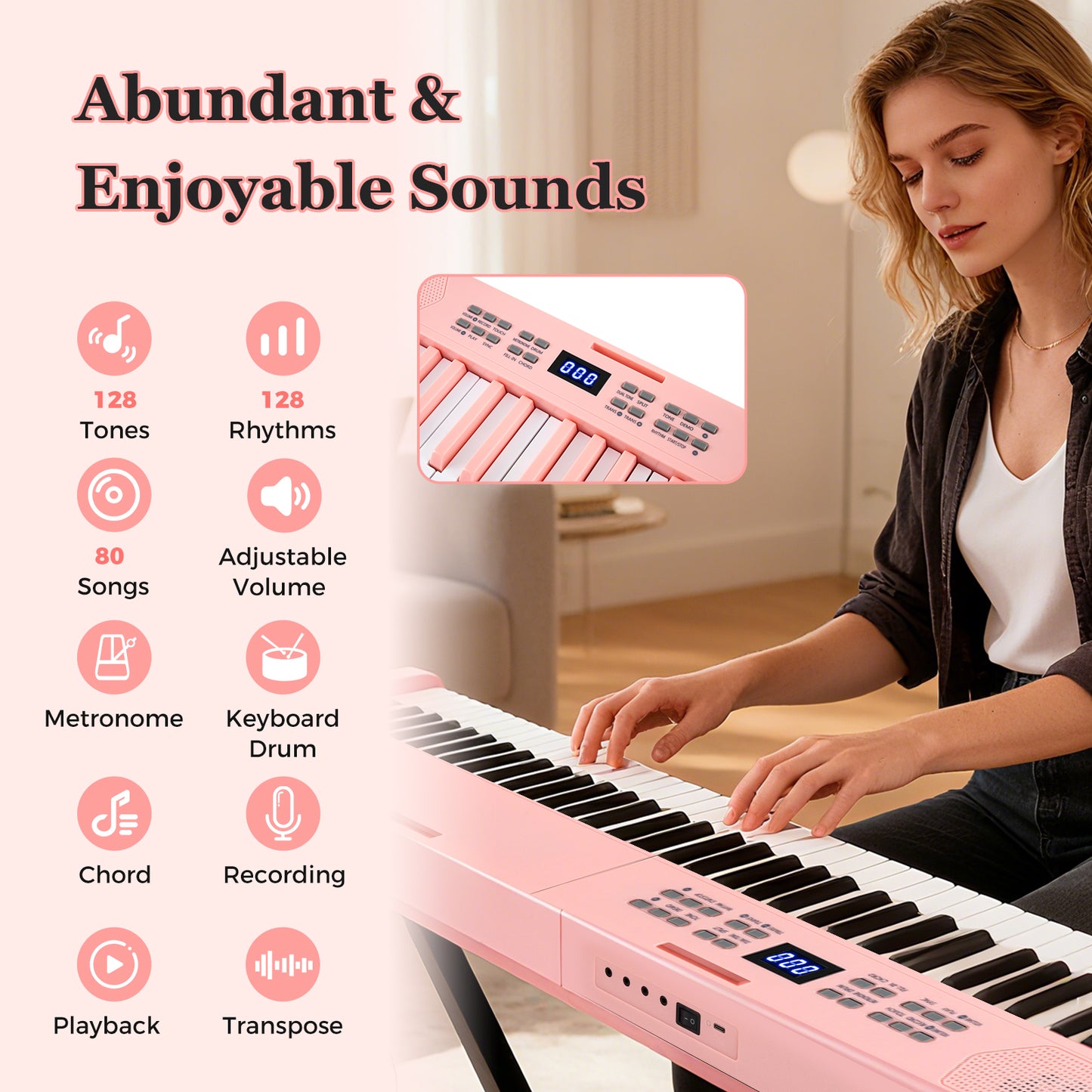 61-Key Foldable Piano Keyboard Full-size Electronic Keyboard with MIDI and Split Function, Pink Pianos & Keyboards at Gallery Canada