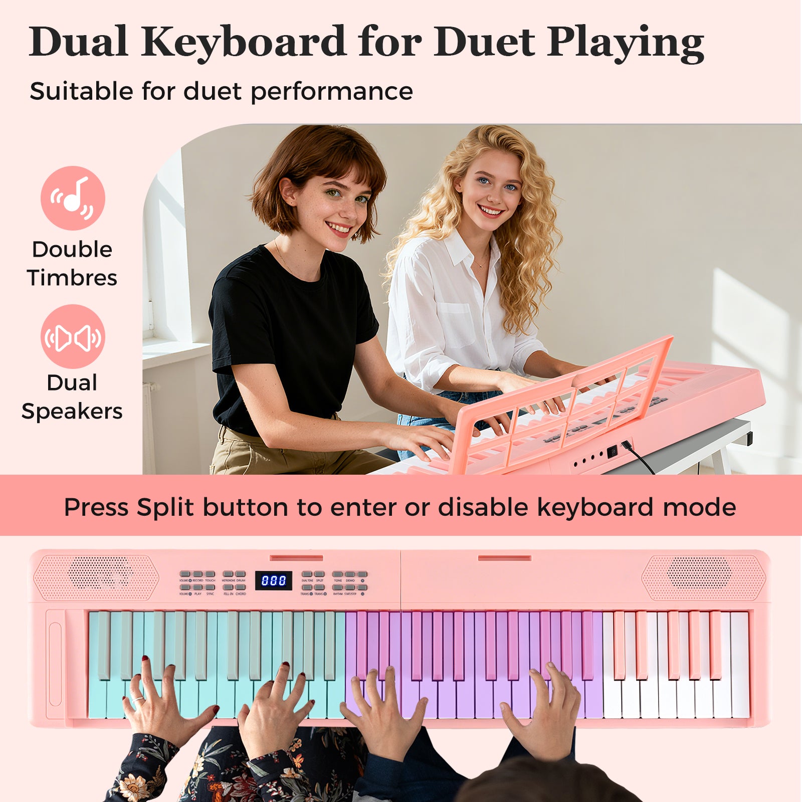 61-Key Foldable Piano Keyboard Full-size Electronic Keyboard with MIDI and Split Function, Pink Pianos & Keyboards at Gallery Canada