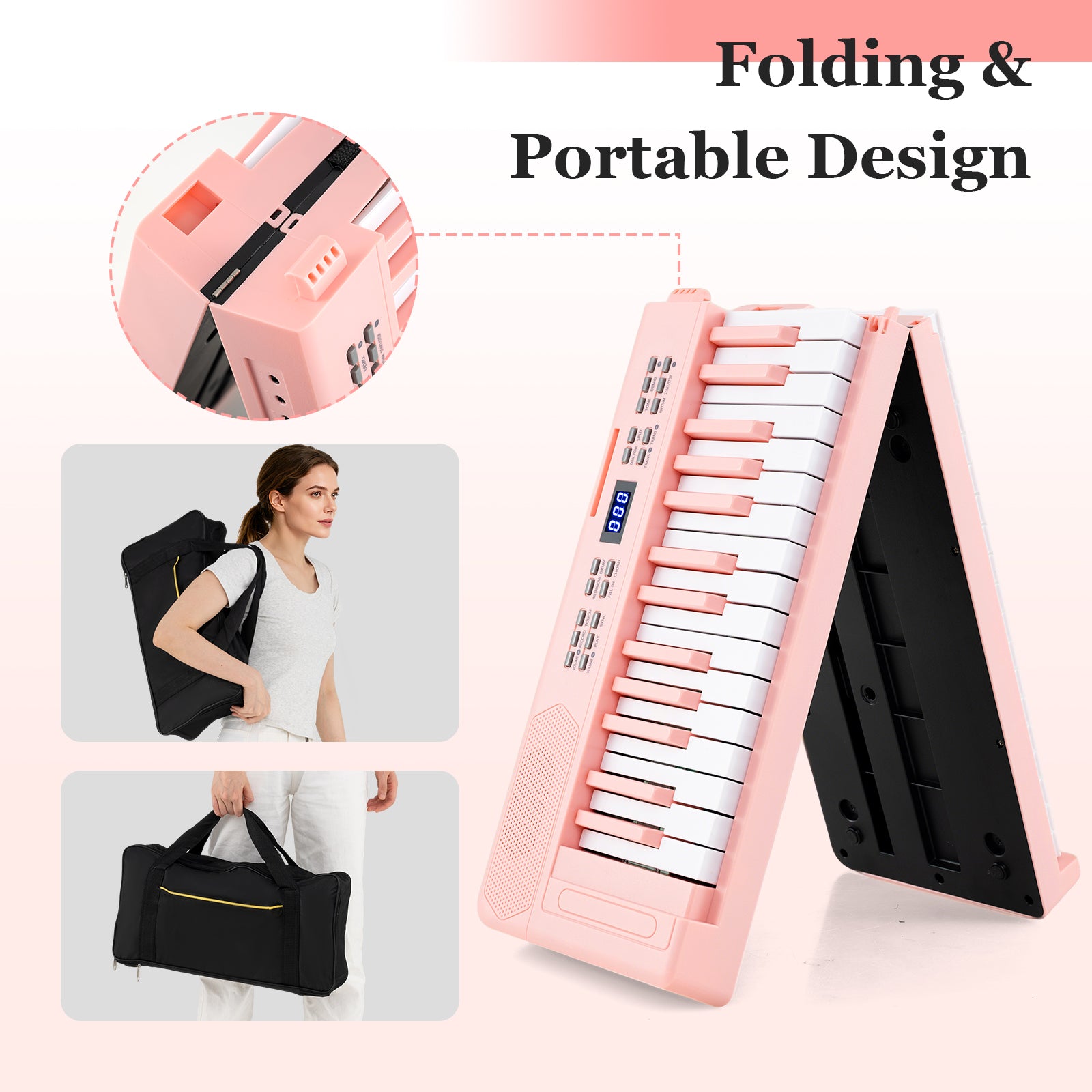 61-Key Foldable Piano Keyboard Full-size Electronic Keyboard with MIDI and Split Function, Pink Pianos & Keyboards at Gallery Canada