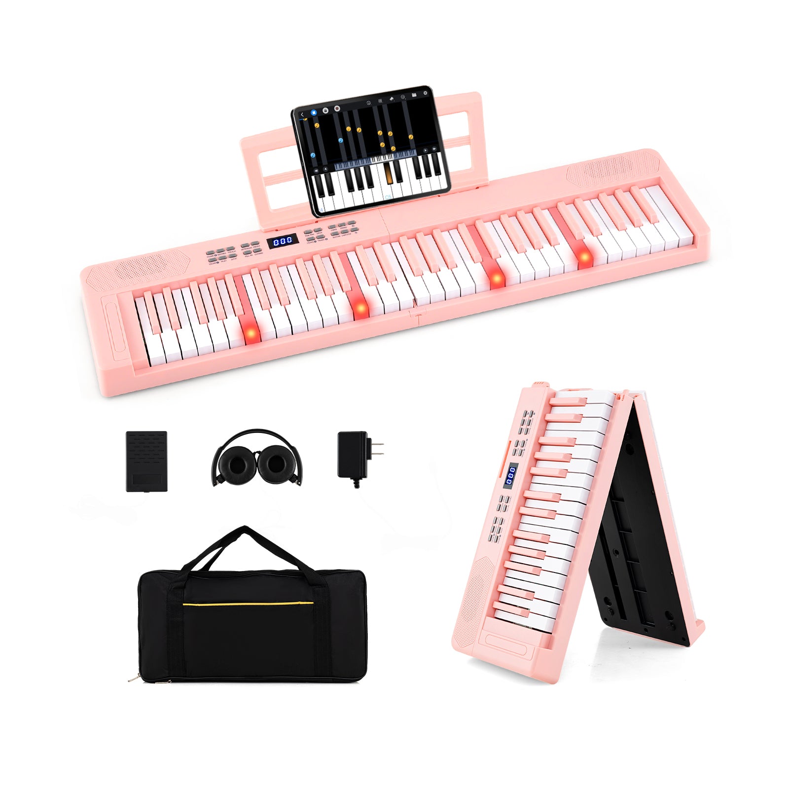 61-Key Foldable Piano Keyboard Full-size Electronic Keyboard with MIDI and Split Function, Pink Pianos & Keyboards at Gallery Canada