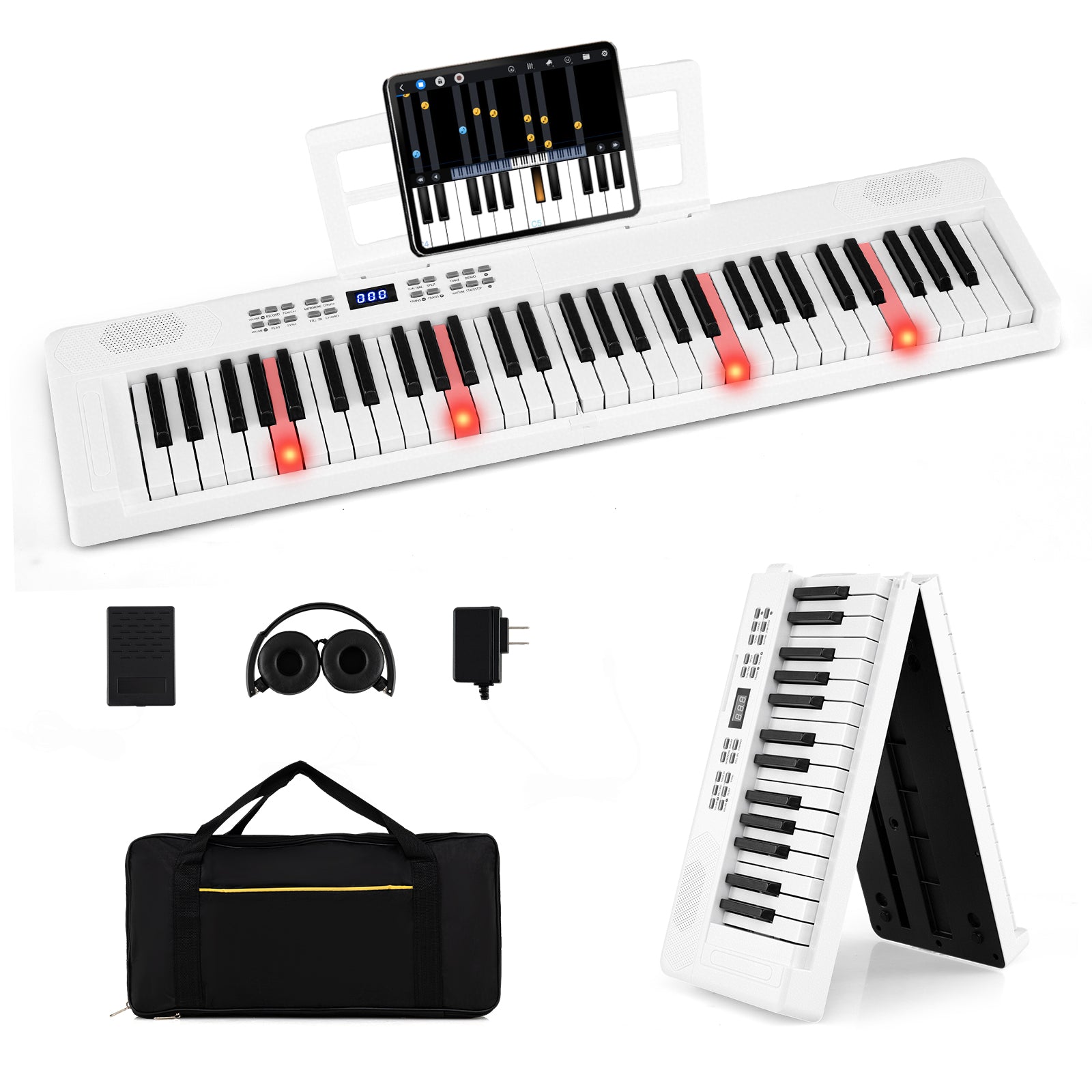 61-Key Foldable Piano Keyboard Full-size Electronic Keyboard with MIDI and Split Function, White Pianos & Keyboards White at Gallery Canada