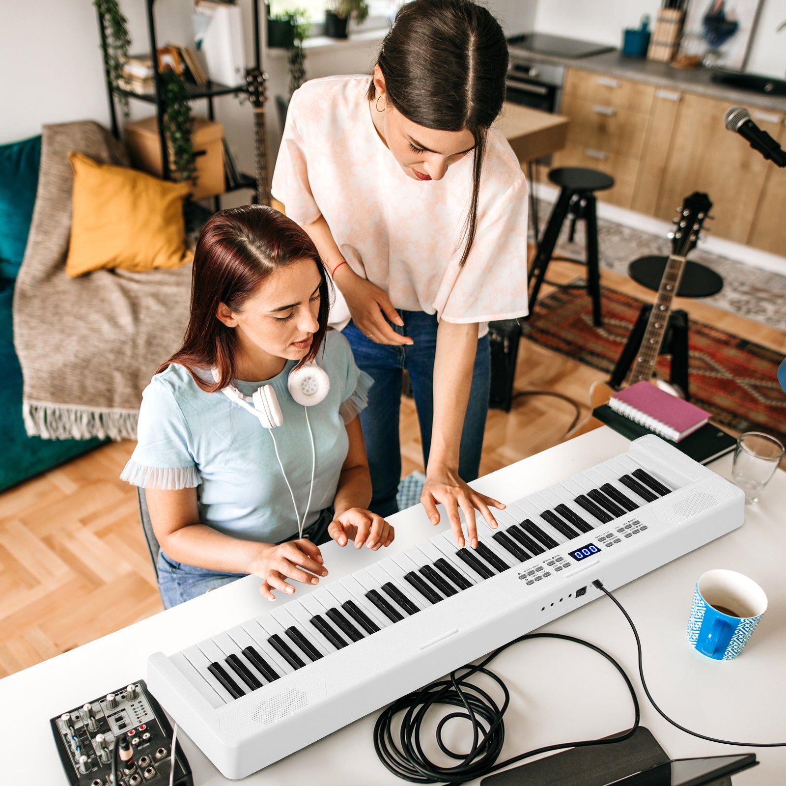 61-Key Foldable Piano Keyboard Full-size Electronic Keyboard with MIDI and Split Function, White Pianos & Keyboards at Gallery Canada