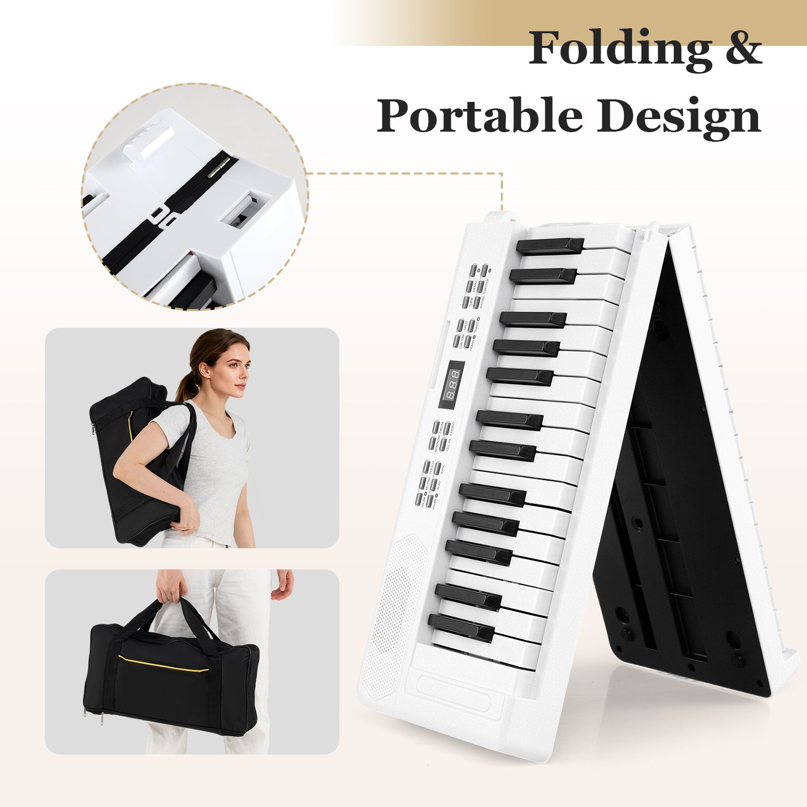 61-Key Foldable Piano Keyboard Full-size Electronic Keyboard with MIDI and Split Function, White Pianos & Keyboards at Gallery Canada