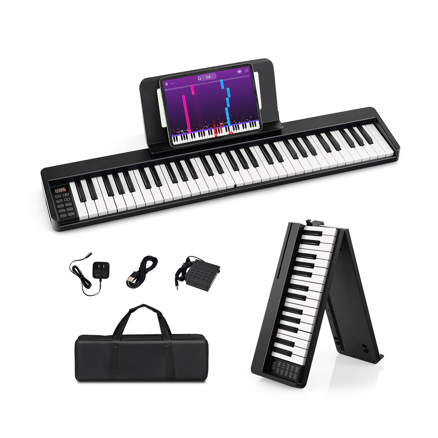 61-Key Folding Piano Keyboard, Full Size Keys, Music Stand, Black Pianos & Keyboards Black at Gallery Canada
