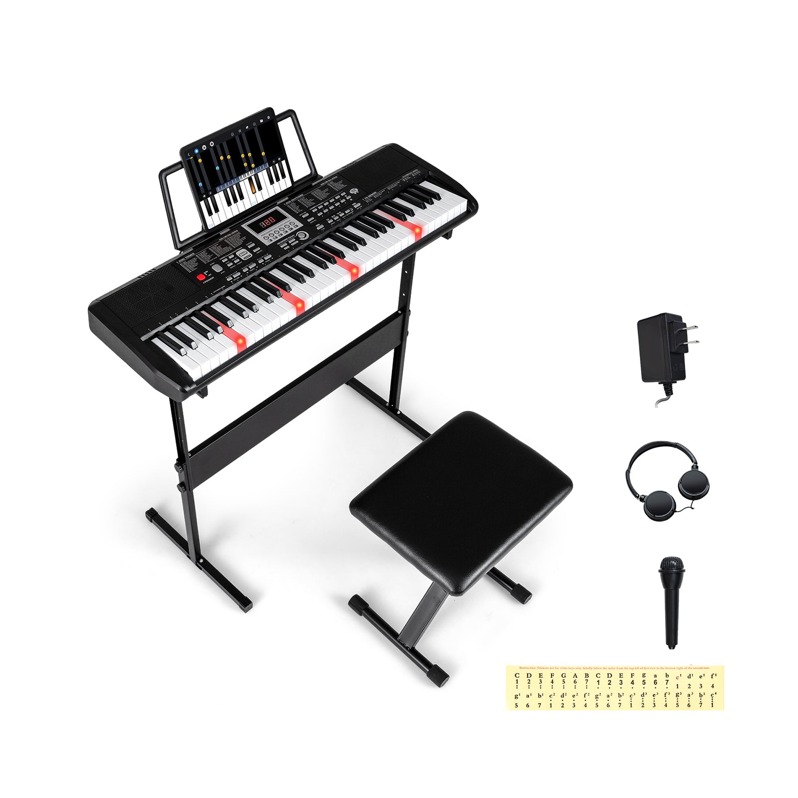 61 Keys Beginners Piano Keyboard Electric Keyboard Kit with Adjustable Stand and Stool, Black Pianos & Keyboards Black at Gallery Canada