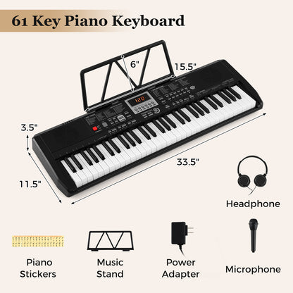61 Keys Portable Keyboard for Beginners Electric Piano Keyboard Kit with 200 Rhythms and 200 Tones, Black