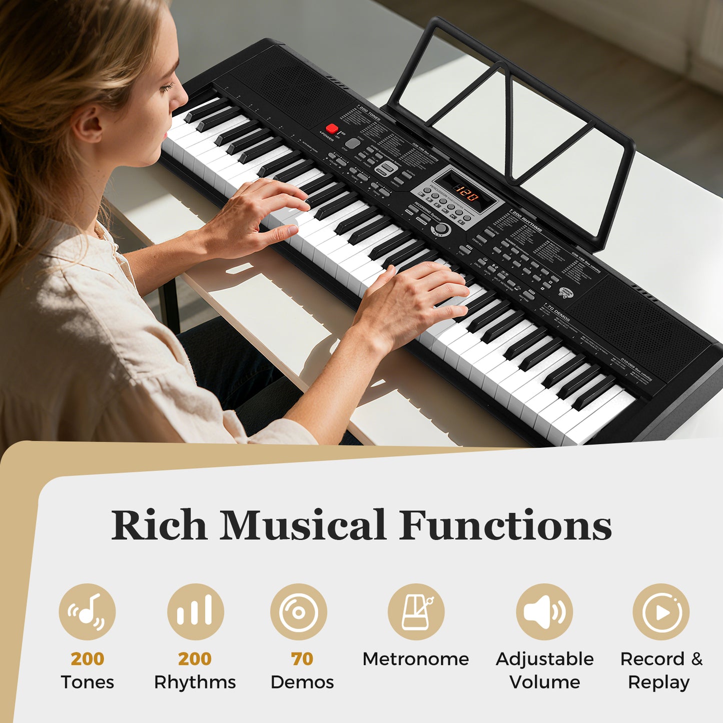 61 Keys Portable Keyboard for Beginners Electric Piano Keyboard Kit with 200 Rhythms and 200 Tones, Black