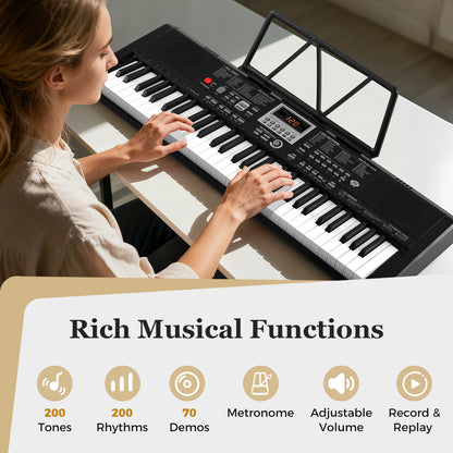 61 Keys Portable Keyboard for Beginners Electric Piano Keyboard Kit with 200 Rhythms and 200 Tones, Black