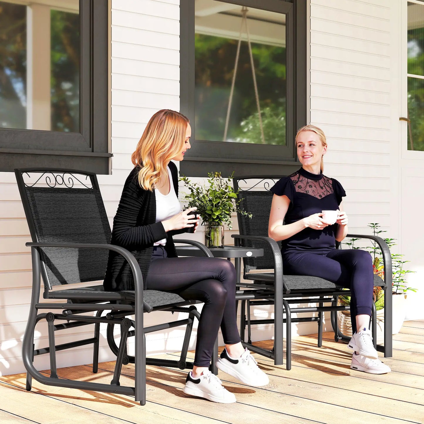 Outdoor Glider Bench with Coffee Table, 2-Seat Rocking Chair Swing, Black Outdoor Gliders at Gallery Canada