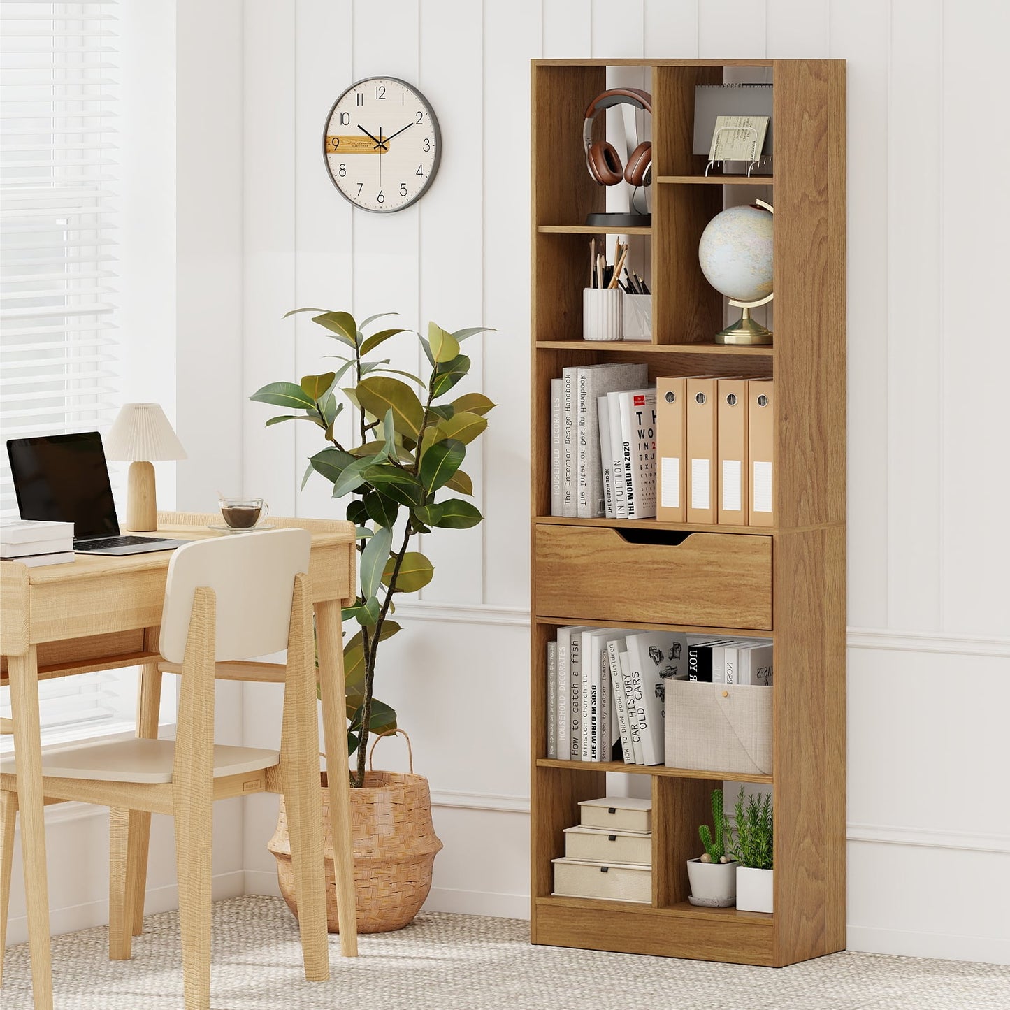 61inch Tall Freestanding Bookcase with Drawer 8-Cube Storage Organizer, Natural Bookcases at Gallery Canada