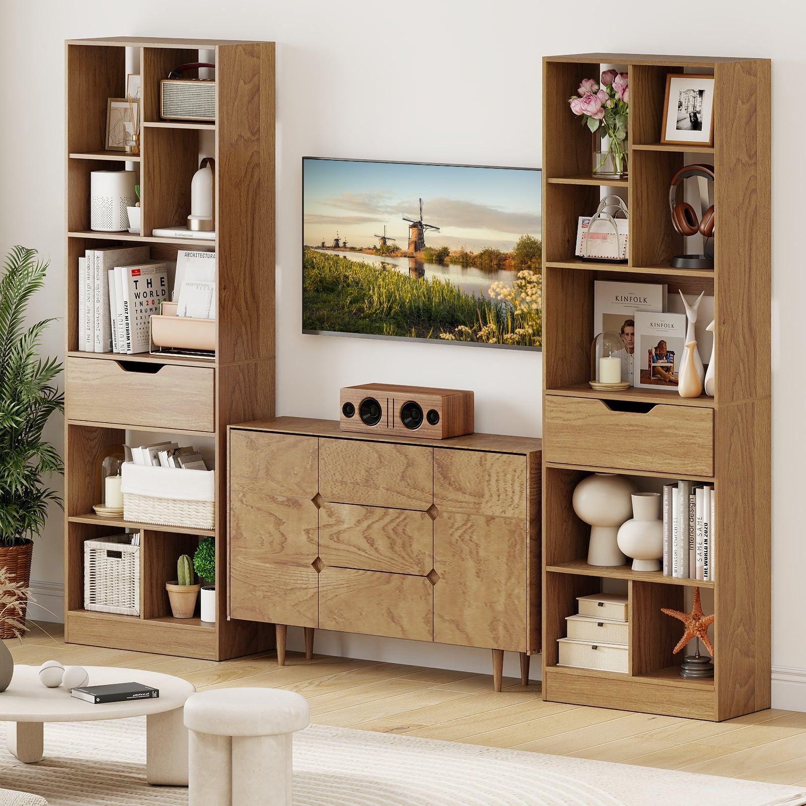 61inch Tall Freestanding Bookcase with Drawer 8-Cube Storage Organizer, Natural Bookcases at Gallery Canada
