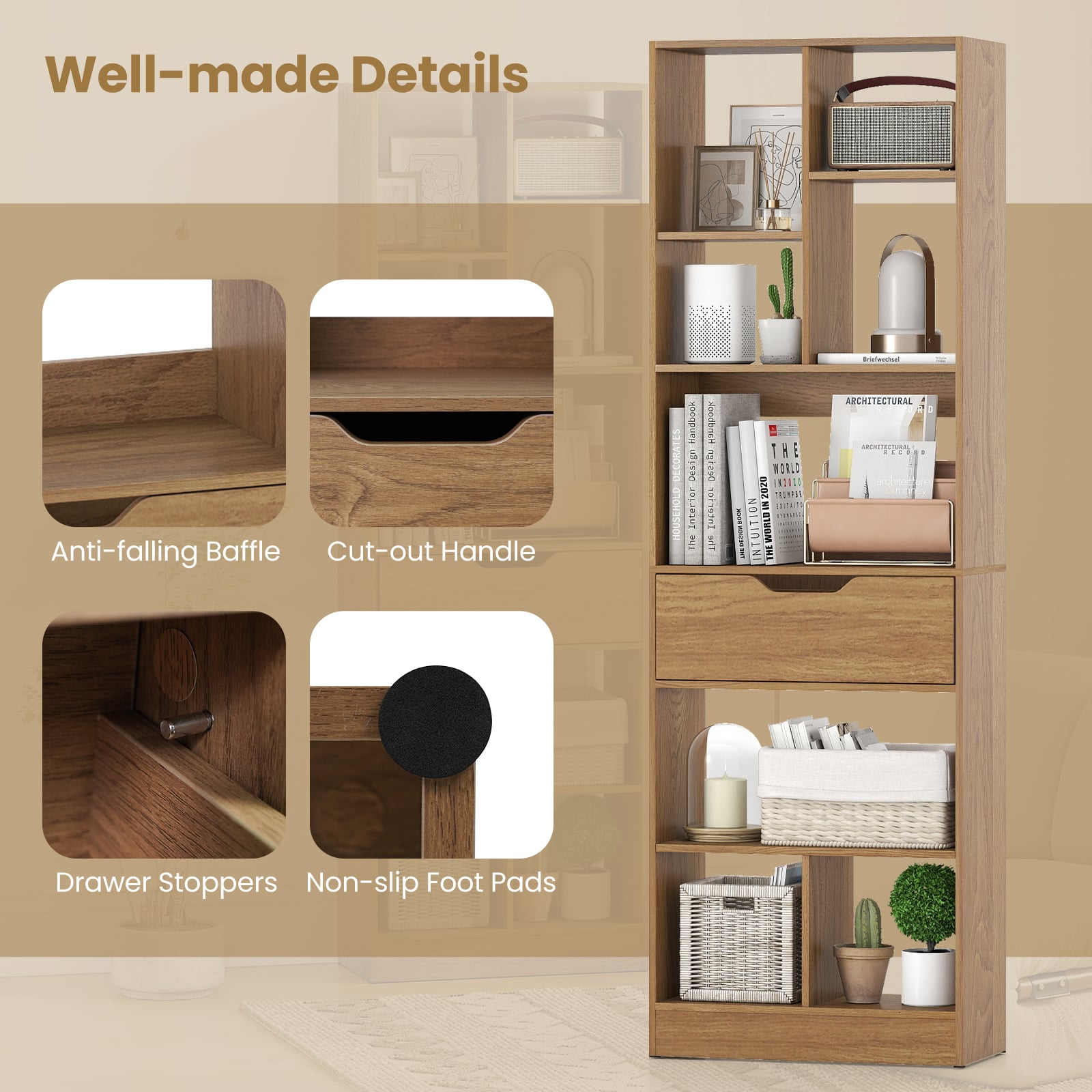 61inch Tall Freestanding Bookcase with Drawer 8-Cube Storage Organizer, Natural Bookcases at Gallery Canada