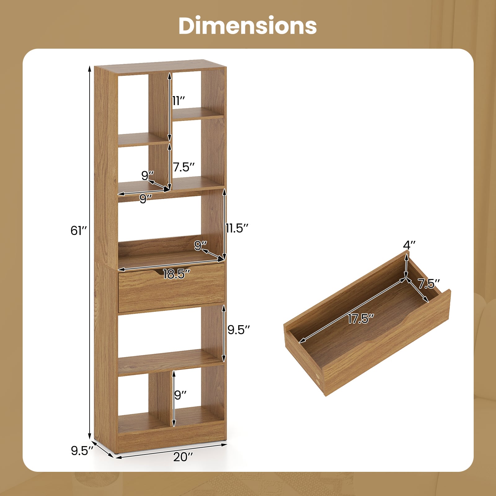 61inch Tall Freestanding Bookcase with Drawer 8-Cube Storage Organizer, Natural Bookcases at Gallery Canada