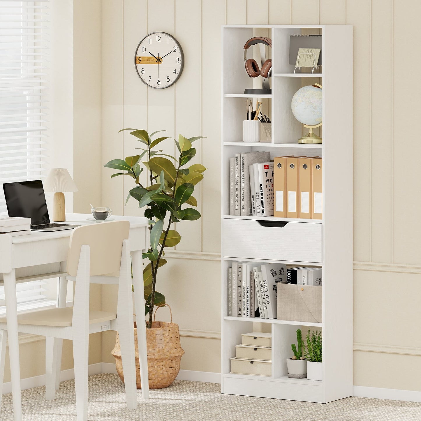 61inch Tall Freestanding Bookcase with Drawer 8-Cube Storage Organizer, White Bookcases at Gallery Canada
