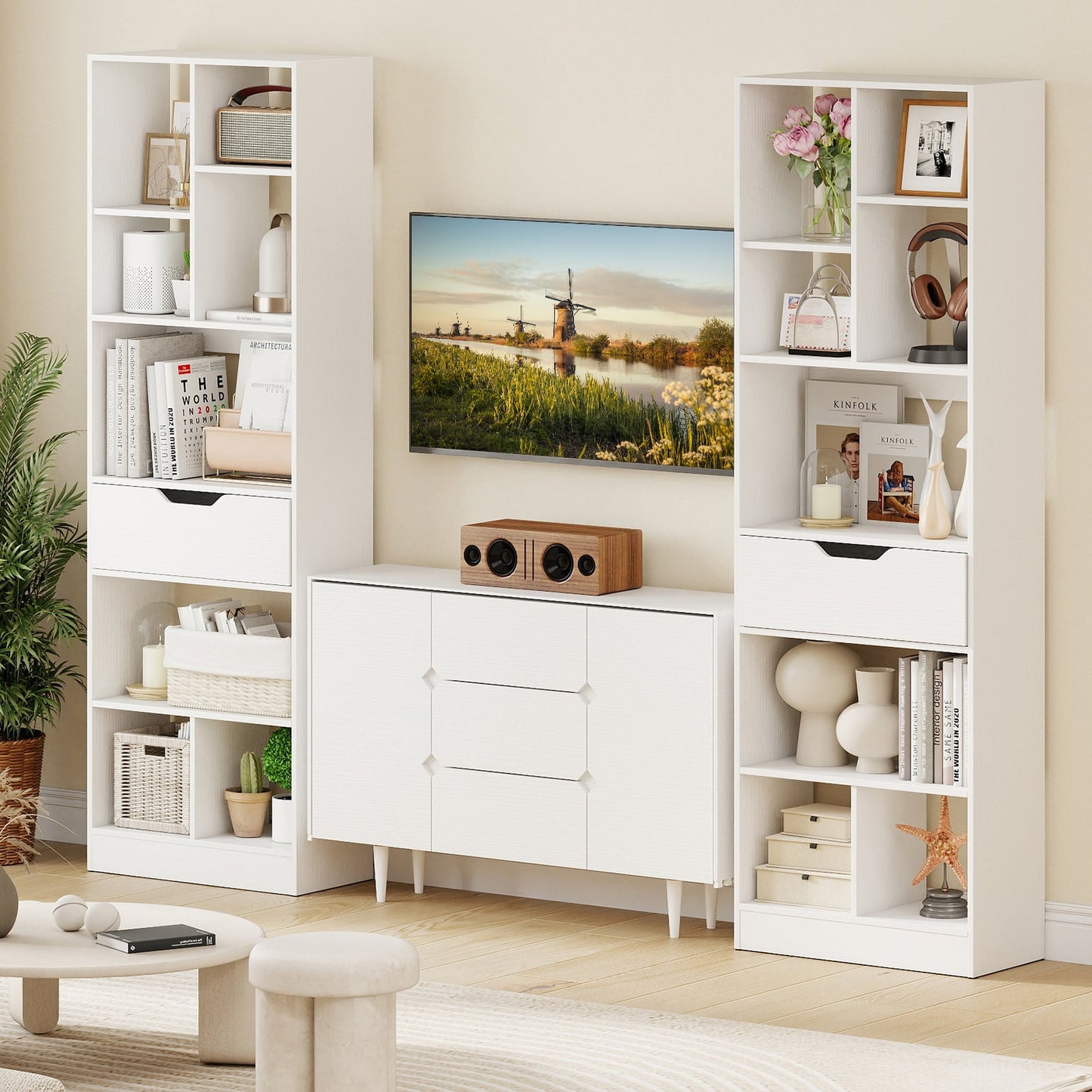 61inch Tall Freestanding Bookcase with Drawer 8-Cube Storage Organizer, White Bookcases at Gallery Canada