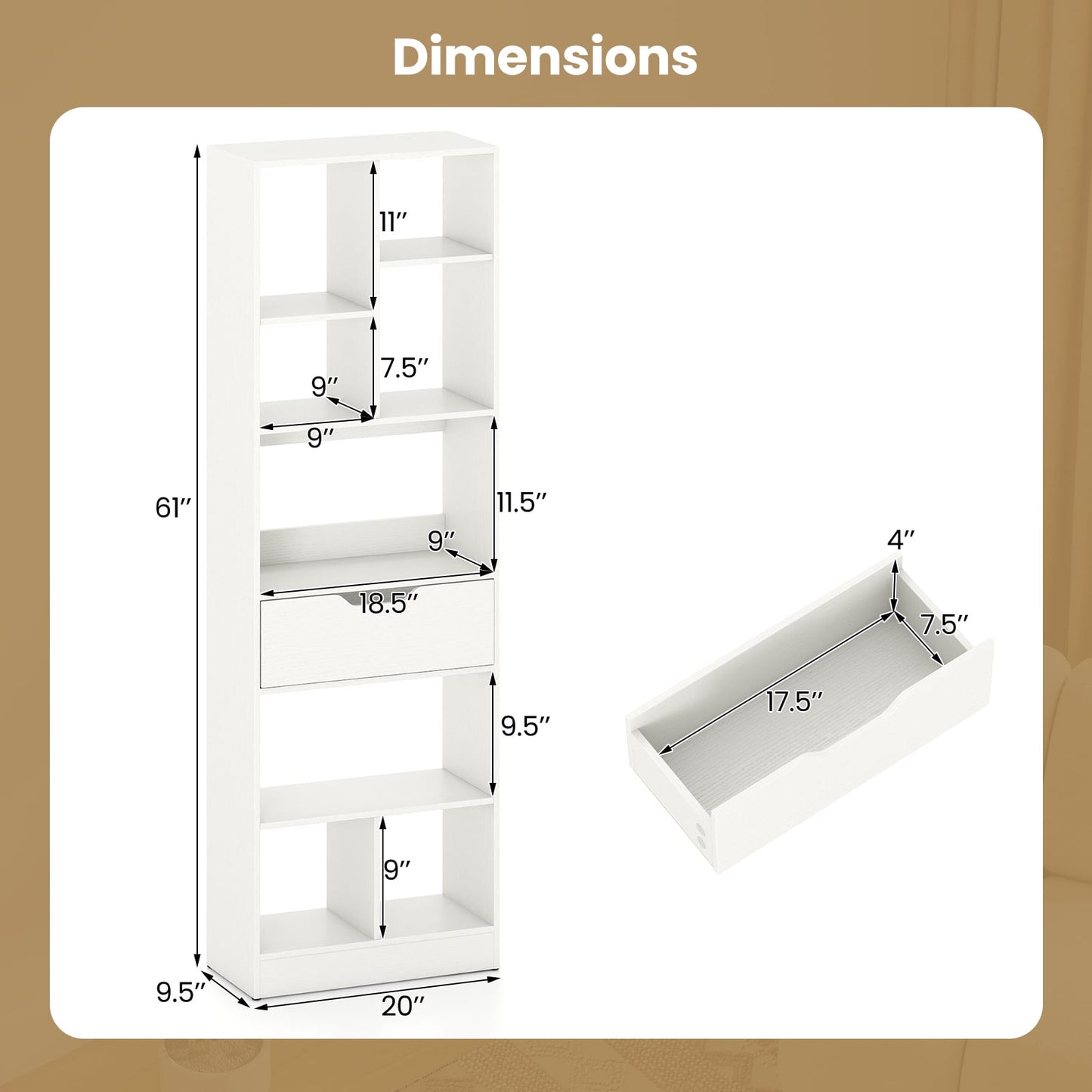 61inch Tall Freestanding Bookcase with Drawer 8-Cube Storage Organizer, White Bookcases at Gallery Canada