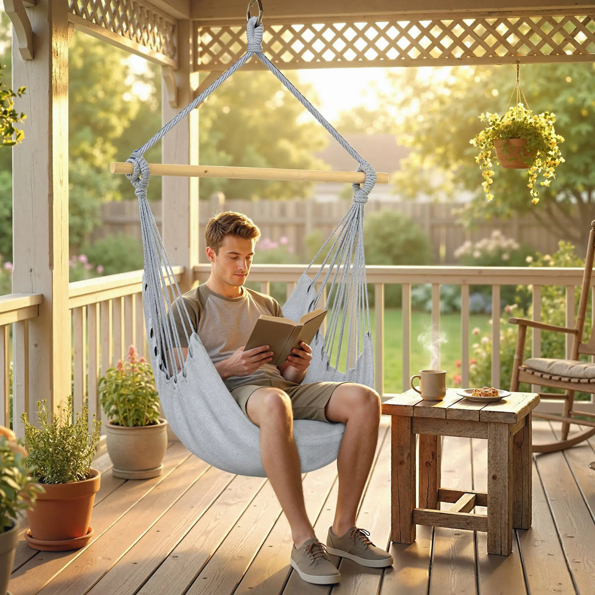Hanging Macrame Chair With Two Seat Cushions, Grey Hanging Porch Swings at Gallery Canada