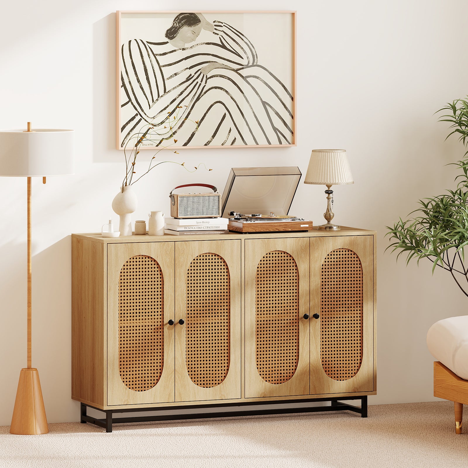 50 Inch Buffet Sideboard Cabinet with 4 Rattan Doors and Adjustable Shelves, Natural Sideboards Cabinets & Buffets at Gallery Canada