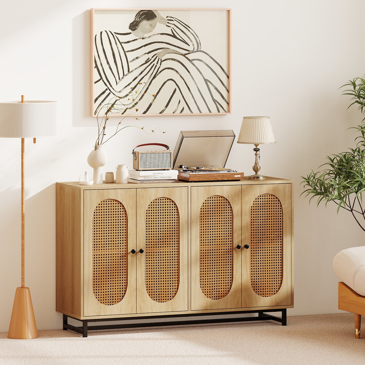 50 Inch Buffet Sideboard Cabinet with 4 Rattan Doors and Adjustable Shelves, Natural Sideboards Cabinets & Buffets at Gallery Canada